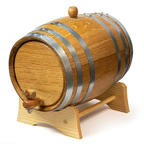 10 Liters Oak Aging Barrel, Wooden Whiskey Barrel, Wine Barrel Home Brewer, Distiller, Mine Maker and Cocktail Aging, American Oak Barrel with Stand, Bung, and Spigot (Silver Hoops)