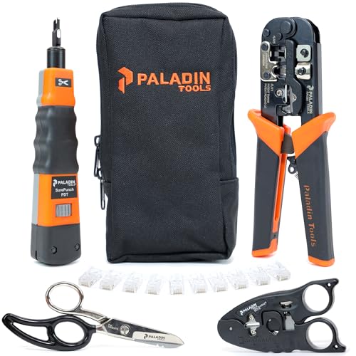 Paladin Tools PA4908 Network Tool Kit - VDV Technicians Kit - Wire Cutter, Wire Stripper, Scissors, Punchdown Tool, Plugs - RJ45 RJ11 RJ12 RJ22 (POE Ethernet)