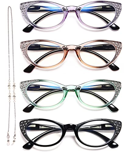 EYEURL Cat Eye Reading Glasses for Women - Blue Light Blocking 4 Pack Ladies Fashion Readers with Flexible Spring Hinges, Anti-Glare&UV Rays +2.00 Eyeglasses, Black/Brown/Green/Purple