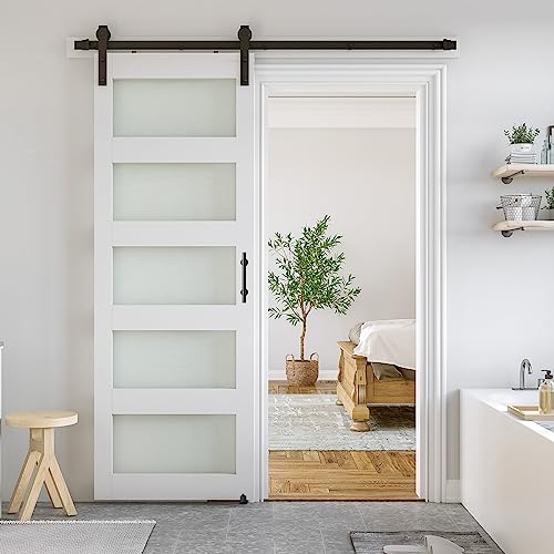 SmartStandard 32 x 84 in Glass Barn Door with 6FT Sliding Hardware Kit & Handle, Pre-Drilled Ready to Assemble, Waterproof PVC Coating, White, 5-Panel Glass