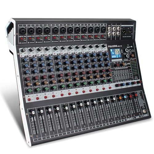 FULODE 12-Channel Bluetooth Studio Audio Mixer 99 Bit DSP Digital Processor w/USB MP3 for PC Recording Input, RCA, XLR Microphone Jack, 48V Power, For Professional and Beginners DJ Mixer