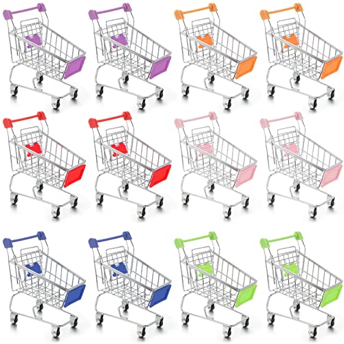12 Pcs Mini Shopping Cart Mini Supermarket Handcart Toy Small Supermarket Storage Toy 6 Colors Grocery Cart Metal Shopping Utility Cart Mode Storage Holder Desk Accessory(Silver)