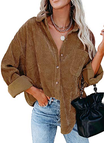 Dokotoo Womens Oversized Long Sleeve Button Up Pocket Shirts Ladies Loose Fit Corduroy Tunic Blouse Tops S Brown