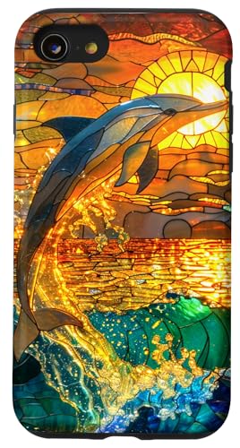iPhone SE (2020) / 7 / 8 Dolphin Stained Glass Art Mosaic 3-D Sunset Ocean Sunrise Case