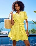 GRACE KARIN Womens Eyelet Vacation Dress Summer A-line Mini Sundress Short Sleeve V Neck Ruffle Short Casual Beach Dress Shift Yellow L