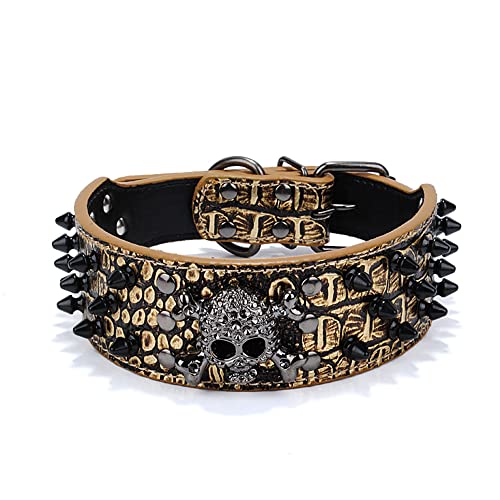 Serijoars Spiked Studded Dog Collar, PU Leather Dog Collar, Adjustable Pet Collars for Medium or Large Breed Pet (XL, Gold Brown2)