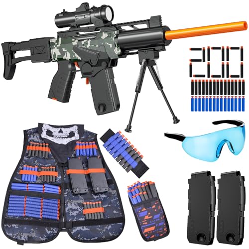 Toy Gun Automatic Sniper Rifle with Scope, Tactical Vest Kit, Toy Foam Blasters with 200 Soft Bullets, 2 Magazinine and Bipod, Electric Gun for Boys Age 8-12, Gifts for Birthday Christmas