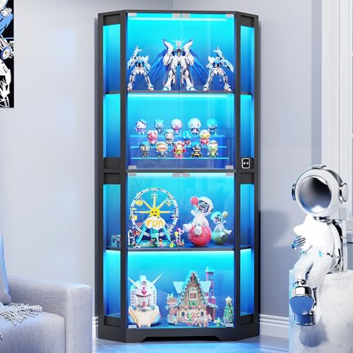 BROTTAR Corner Display Cabinet with Glass Doors, 65" Lighted Curio Cabinet with 3 Color Lights for Collectibles, 4-Tier Display Case with Human Body Sensor for Toys, Books, Black (New Version)