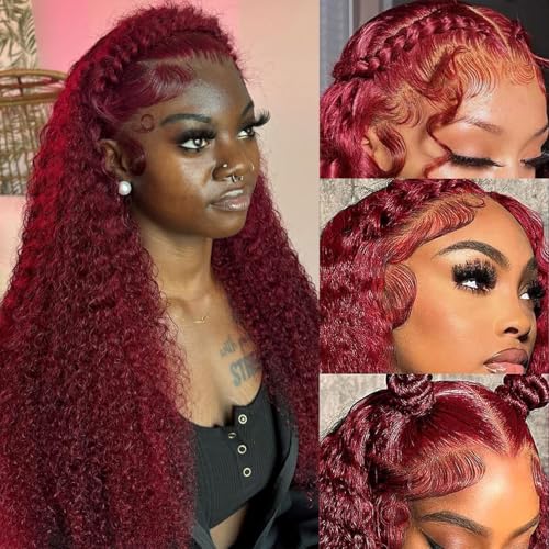 Simeider 30 Inch 99J Burgundy Lace Front Wigs Human Hair Deep Wave Lace Front Wigs Human Hair Pre Plucked Red Curly Human Hair Wig 13x6 HD Colored Frontal Glueless Wet and Wavy Deep Wave Wig