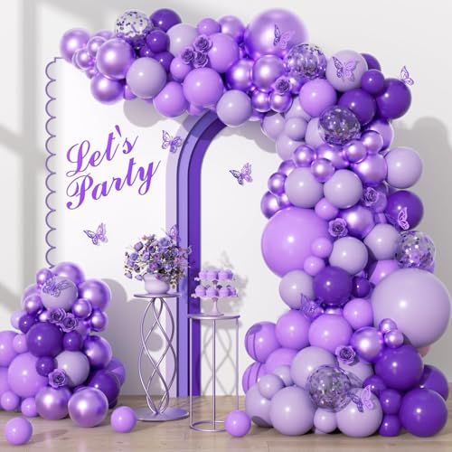 136pcs Purple Balloons Garland Arch Kit, 18 12 10 5 In Dark Light Metallic Purple Confetti Latex balloons Different Sizes for Purple Birthday Butterfly Wedding Baby Shower Party Decorations