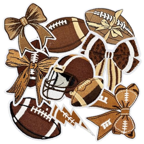 Nicime 9pcs Football Iron/Sew on Patches, Rugby Sport Embroidered Applique, Bow Cute Decration for Clothes, Hat, Bag, Jeans, Shirt, Dress