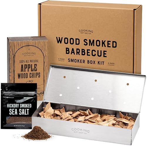 BBQ Smoker Box Kit – Stainless Steel Smoker with Hinged Lid, Apple Wood Chips, Hickory Salt – Grilling Accessories and Grilling Gifts for Men – Great Birthday Gifts for Men Who Love to BBQ