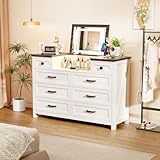 MIIFUNY Chest of Drawers for Bedroom, 8 Drawer Dresser with Mirror, Charging Station, White Dresser, Farmhouse Makeup Vanity for Bedroom, Hallway, Kids Room