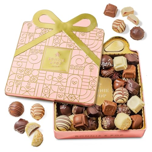 Mothers Day Chocolate Gift Basket, Candy Food Gifts Arrangement Platter, Gourmet Snack Gift Bow Tin Box, Present Idea, Stocking Stuffer, Corporate Him & Her, Men Women Family Parties- Gourmet Belgian Truffles- Pink- Bonnie & Pop