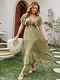 Amegoya Women's Summer Floral Print Maxi Dress Women Chiffon Long Flowy Bohemian Beach Party Dresses（XL Olive Green）