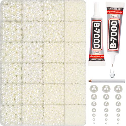 10000Pcs Ivory Flatback Pearls with B7000 Glue Kit for Crafts Crafting Shoes Nail Art Decoration Embellishment, Beige Half Round Flat Back Pearls Beads Set, Mixed Sizes 2mm 3mm 4mm 5mm 6mm 8mm 10mm