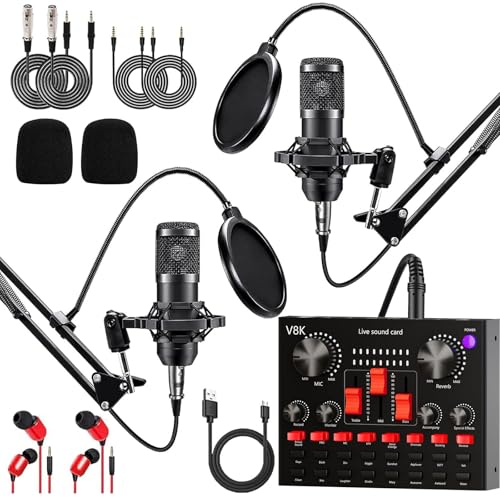 Podcast Equipment Bundle for 2, Audio Interface with Cardioid Designer BM800 Mic for Gamer and All-in-One DJ Mixer, Perfect for Live Streaming, Singing, YouTube