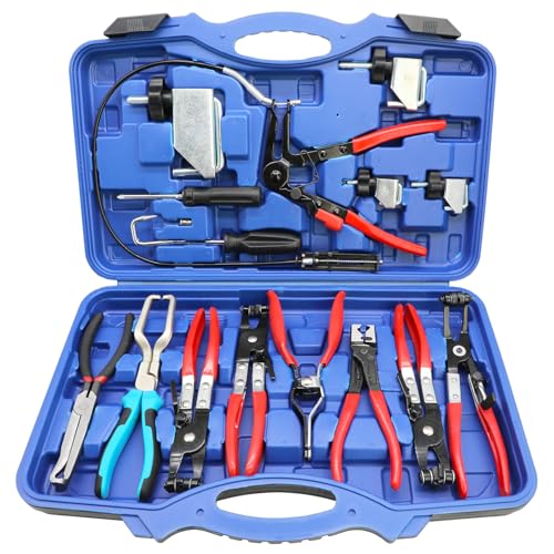 DPTOOL Hose Clamp Pliers Set 15pcs Hose Clamp Removal and Installation Tool Kit for Automotive Coolant Radiator Heater, Water Hose, fuel lines etc, with 2pcs Electrical Disconnect Pliers