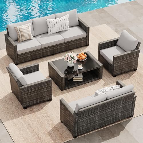 5 Piece Outdoor Patio Furniture Set with Coffee Table, Rattan Deck Conversation Sofa Set, All-Weather Sectional Rattan Sofa with Glass Top Coffee Table, Garden, Porch, Poolside, Grey&Light Grey