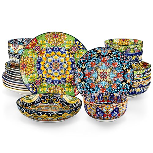 vancasso 24 Pieces Dinnerware Sets, Plates and Bowls Set, Porcelain Dishes Set for 6, Microwave and Dishwasher Safe, Scratch Resistant, Bohemian Style Dining Ware Service for 6, Series SIMI