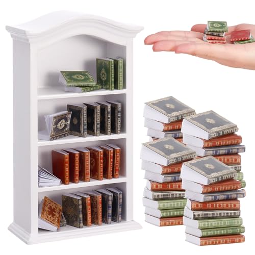 36 Pcs 1:12 Scale Miniatures Dollhouse Books and 1 Wooden Bookcase,4 Floors Furniture Display Bookshelf Cabinet Mini Assorted Books,Dollhouse Decoration Accessories for Home Bedroom