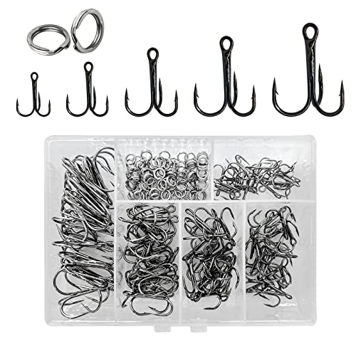 UperUper 200 Pack Fishing Treble Hooks Kit High Carbon Steel Hooks Strong Sharp Round Bend with Split Rings for Lures Baits Saltwater Freshwater Fishing Size 2 4 6 8 10