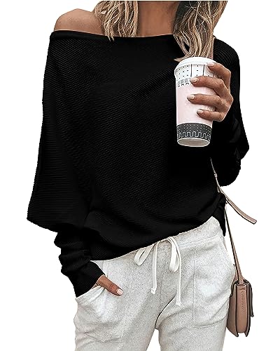 Zenlonr Women's Fall Sweaters 2024 Casual Long Batwing Sleeve Loose Off Shoulder Knit Pullovers Jumper Tops(Solid Black,Medium)