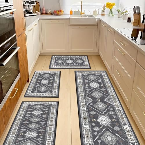 SIPIHA Boho Kitchen Rugs Sets 4 Piece with Runner Floral Kitchen Floor Mat Carpet Farmhouse Kitchen Rugs and Mats Non Skid Washable Runner Rug for Kitchen Floor Sink