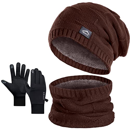 Winter Beanie Hat Scarf Touchscreen Glove Set for Men Women,Slouchy Knit Ski Cap Neck Warmer with Fleece Lined for Unisex (Brown Beanie Scarf and polyester and spandex Black Glove)