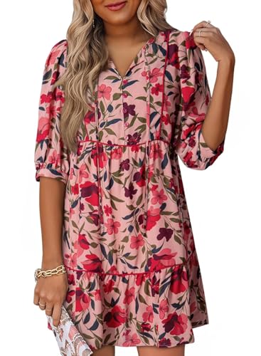 Dokotoo Womens Dresses 2025 Boho Floral V-Neck Button Up Half Sleeve Empire Waist Dresses Spring Summer Casual Flowy Mini Dresses Rose Large