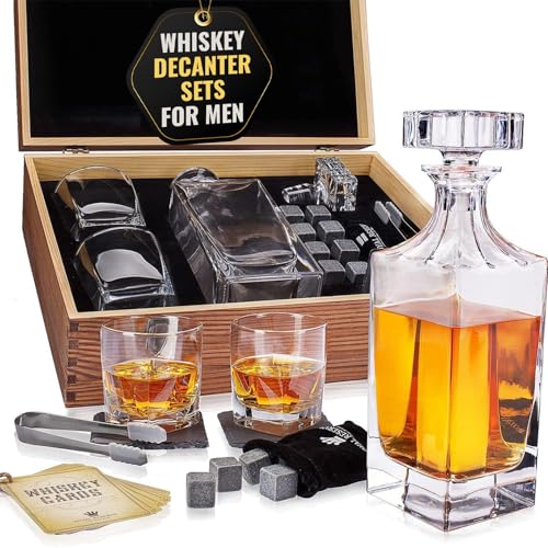 Whiskey Decanter Gift Set by Royal Reserve – Liquor Bourbon Decanter 34 oz 1000 ml with Glasses, Chilling Stones, Coasters and Tong – Whiskey Gifts for Men, Husband, Dad, Boyfriend