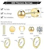 Versatile 8 Pairs Titanium Earrings for Sensitive Ears - Dot Ball Opal Cubic Zirconia, 20 Gauge, Pure Titanium Stud and Hoop Earrings Set - G23 Titanium Earrings with Flat Back for Women (B-Gold)