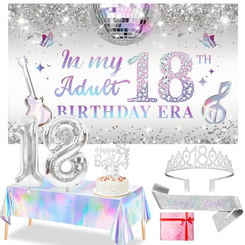 Trgowaul 18th Birthday Decorations for Girls, Silver 18 Year Old Birthday Banner and Tablecloth, 18 & Fabulous Sash and Tiara, Happy 18th Birthday Cake Topper, Silver 18 Number Balloons