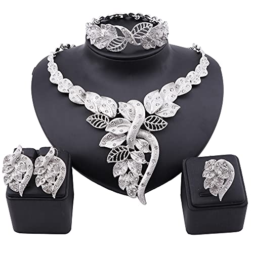 NA African Dubai Gold Jewelry Nigerian Crystal Necklace Hoop Earrings Ring Women Italian Bridal Jewelry Sets Wedding Accessories (Silver)