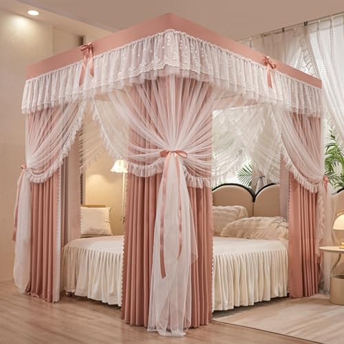 SCMTYWCQ 4 Corners Post Solid Color Bed Canopy Curtain Double Layer-Curtain & Ruffle Princess Mosquito Net 4 Opening Netting for Girls Teens Or Adults Bedroom Decoration (Pink-Jade, Queen)