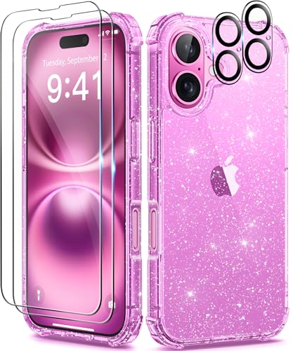 BERFY Compatible with iPhone 16 Case Glitter, [5 in 1] with 2X Screen Protector + 2X Camera Lens Protector, [Non-Yellowing] Clear Sparkle Slim Shockproof Hard Phone Cover for Women 6.1", Shiny Purple