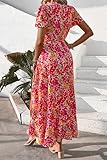 PRETTYGARDEN Women's Summer Wrap Maxi Dress Casual Boho Floral V Neck Short Sleeve Ruffle Hem Split Beach Long Dresses (Pink Yellow Floral,Medium)