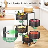 SAYZH Fruit Vegetable Basket for Kitchen, Rotating Storage Rack, 5 Tier Rolling Cart with top lid, Large Metal Wire Wheels, Black