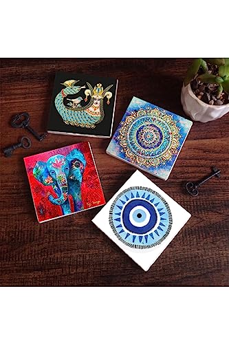 Pinecone Nazar, Mandala, Elephant, Şahmeran Taş Bardak Altlığı Masaüstü Koruyucu Altlığı 4 Parça Set 10x10cm SC124