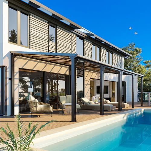 Pamapic 10 * 28FT Wall Mounted Gazebo,4*4 Inch Thickened Pillars & Enlarged Base,Outdoor Hardtop Lean to Pergola,UV Resistant Polycarbonate Roof,Aluminum Frame Pergola,Outdoor Patio Awnings for Lawn