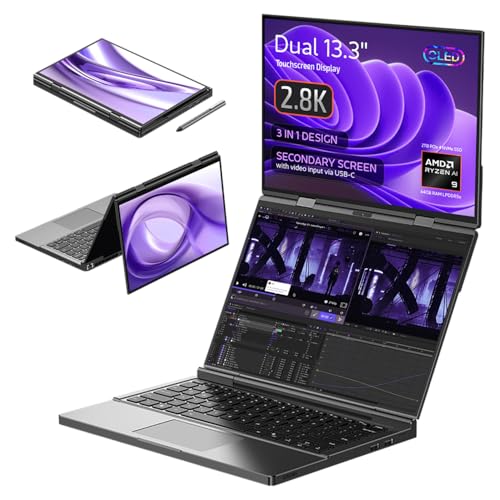 GPD Duo Dual-Screen Laptop: 13.3" OLED Displays, AMD Ryzen AI 9 HX 370, 64GB RAM, 2TB SSD, Stylus Support, 10-Point Touch, 4096 Pressure Levels, Dual 360° Hinge, AI PC