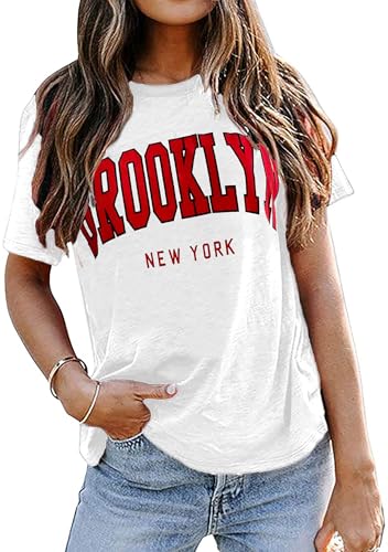 Avanova Women's Brooklyn Letter Print Crew Neck T-Shirt Short Sleeve Casual Tee Top White B Small