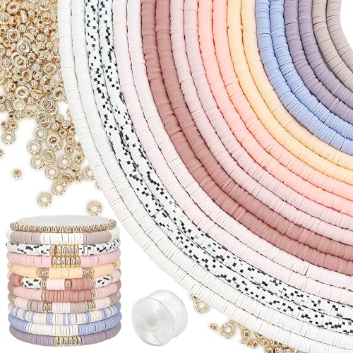 MIIIM 8000 PCS 20 Colors Pastel Clay Beads Strands, Polymer Clay Beads Kit for Bracelets Making, Vinyl Heishi 6mm, with Gold Spacers and Elastic Thread, for Bracelets Necklace