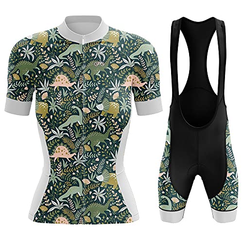 ZOLO GIFTS Women’s Cycling Jersey and Shorts Set, Cartoon Dinosaurs with Tropical Plants, Short Sleeve with Pockets Size S Multicoloured