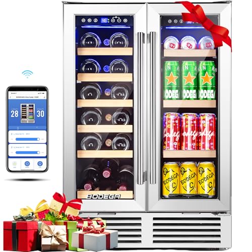 BODEGA 24 Inch Wine and Beverage Refrigerator, Dual Zone Wine and Bar Beverage Cooler, Commercial Black Bar Cooler With 2 Glass Doors, Bar Fridge Hold 19 Bottles and 57 Cans,Built-In or Freestanding.