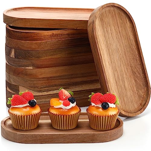 Geetery 12 Pcs Acacia Wooden Serving Trays 10 Inch Oval Wood Platter Wooden Serving Platter Oval Charcuterie Plates Board Cheese Plate Fruit Wood Tray Acacia Cheese Board for Dessert Appetizer