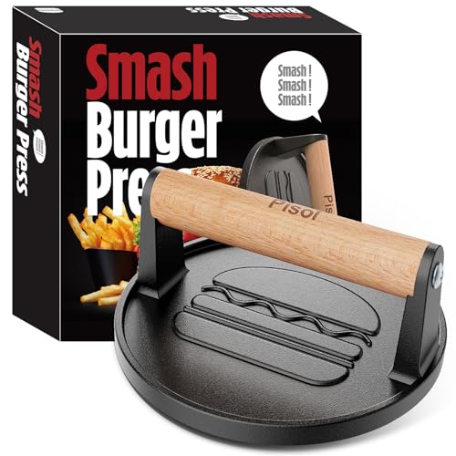Pisol Smash Burger Press, Pre-Seasoned Cast Iron Hamburger Smasher, 2 lb Heavy-Duty Grill Bacon Meat Press Tool with Wood Handle, 6.6”
