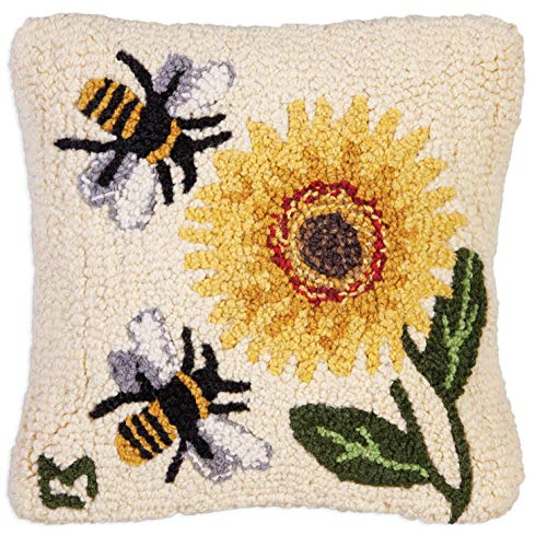 Chandler 4 Corners Artist-Designed Sunflower Bees Hand-Hooked Wool Decorative Throw Pillow (14 in x 14 in) Flower Themed Pillow for Couches & Beds - Low Maintenance Nature Floral, Garden Home Decor