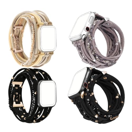 4 Pcs-1 Set，Bracelet Work For Apple Watch Series 9 8 7 6 SE 5 4 3,Compatible with Size 38mm/40mm/41mm/42mm/44mm/45mm/49mm, Include S/M5.4-6.3inch,Multilayer Wrap Boho Dressy Bracelets Suede Faux Leather Replacement Strap with Metal Buckle, Multicolor Watchband for you to Choice. (42/44/45/49mm)