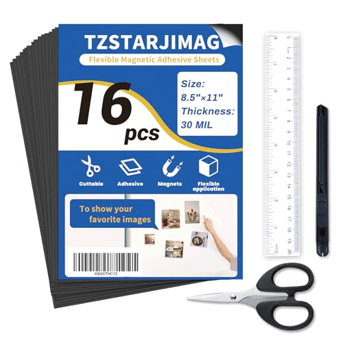 TZSTARJIMAG Magnetic Sheets with Adhesive Backing,8.5" x 11"(Pack of 16),30 mil Thick Cuttable Flexible Magnet Sheets for DIY Crafts,Photos and Stickers,Magnetic Paper Sheets with Strong Self Adhesive
